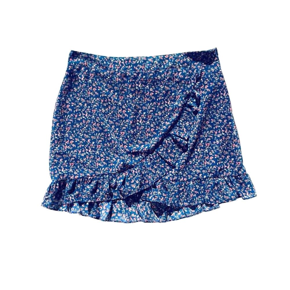 Windsor Women's Prairie Western Floral Fringe Blue and Pink Mini Skirt Large